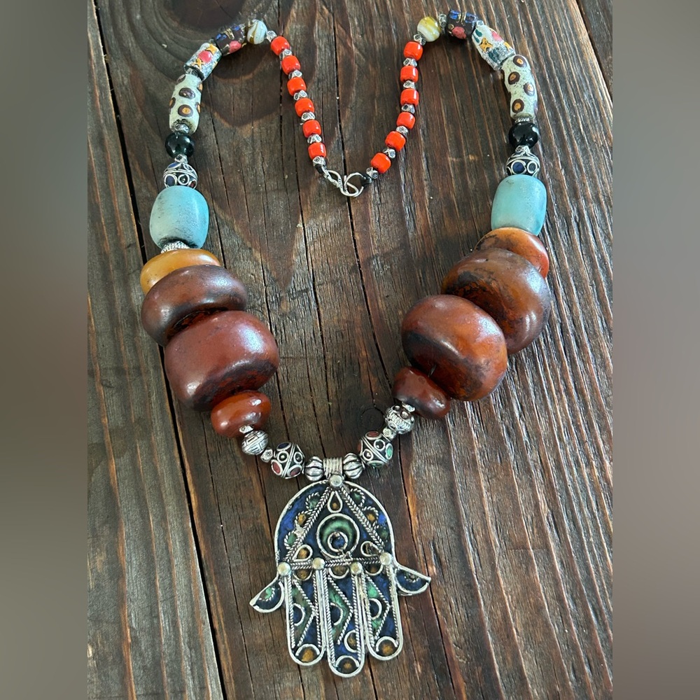 African Tribal Bead Hamsa Necklace